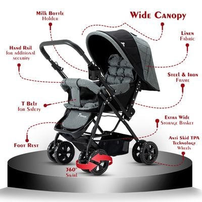 Teknum Reversible Trip Stroller + Infant Car Seat | Excellent Shocker | Forward & Parent Facing | Wide Canopy & Seat | 5 - Point Safety Harness | Reversible Handle | Golden Frame | Cup Holder | Big Basket | Easy To Fold | 6 - 36Months | Grey